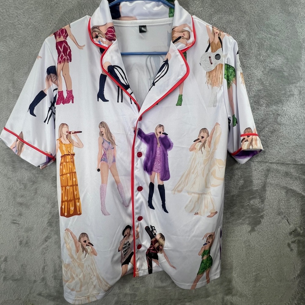 Eras Tour Graphic Print Pajama Top White Short‎ Sleeve Button Down Small